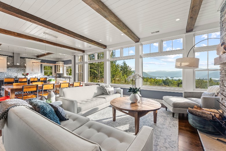 Open concept kitchen, dining area, and living room.