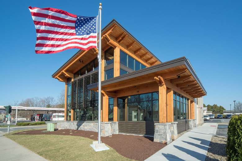 elegant looking bank with American flag outside