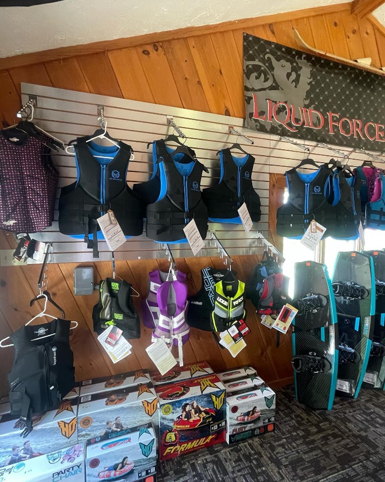 watersports shop with life vests