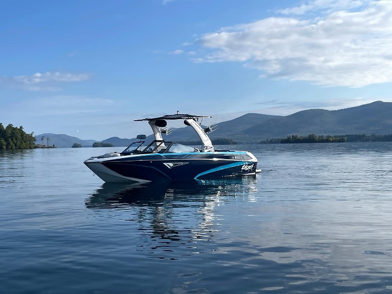 a motorboat on a lake