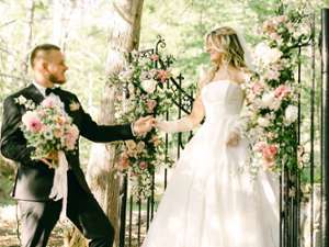 a bride and groom taking pictures