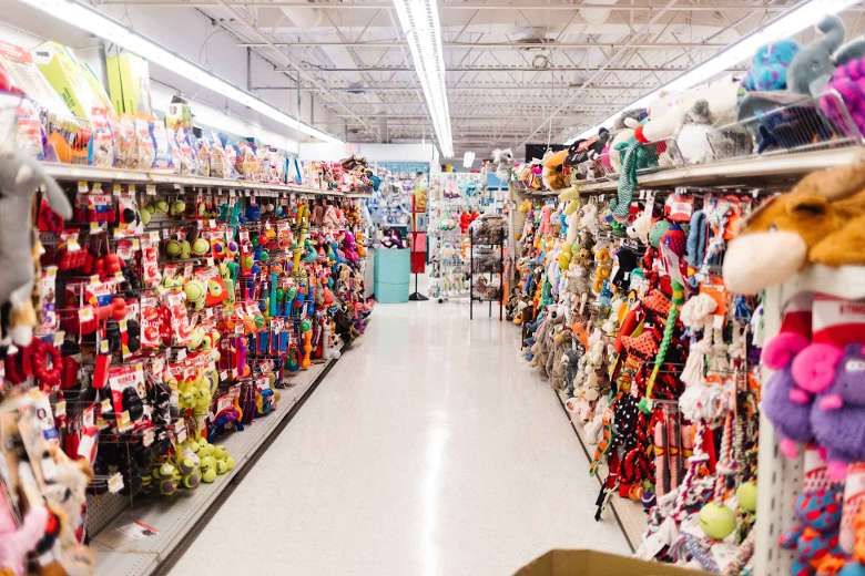 aisle in a pet shop with toys