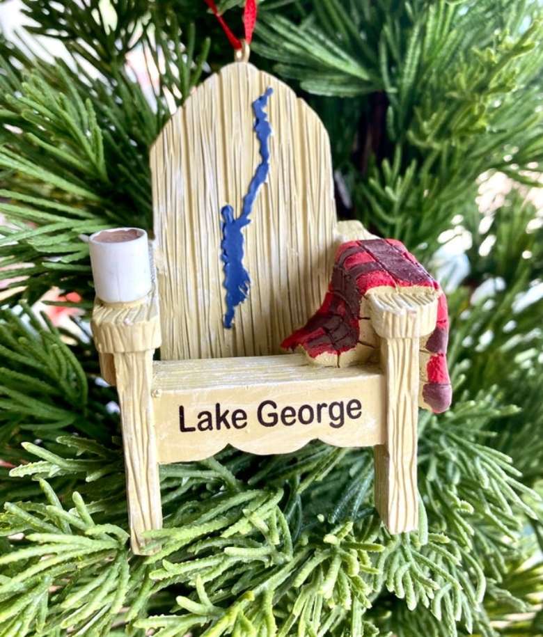 lake george chair ornament with coffee and shape of lake