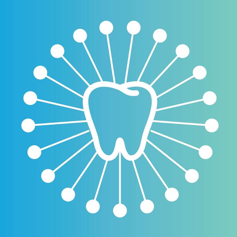 a white tooth logo over a light blue background