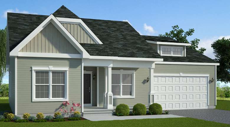 rendering of a house with a gray exterior and a garage