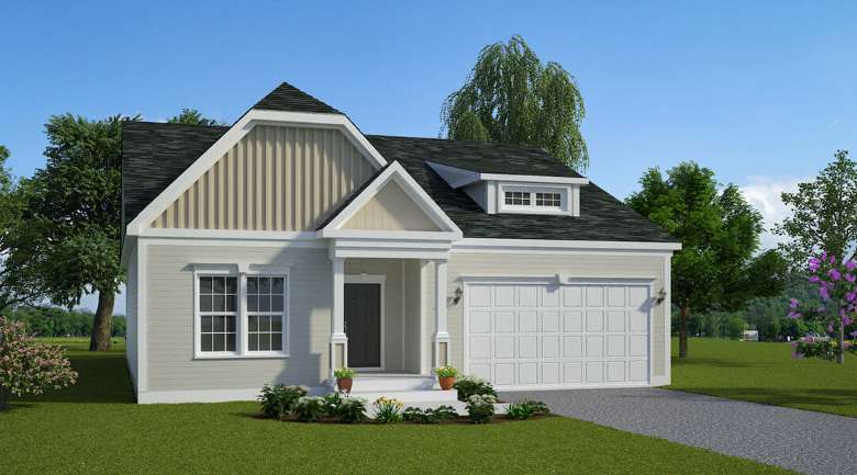 rendering of a house with white walls and a garage