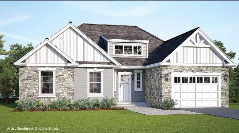 rendering of a house with stone along the front and a garage