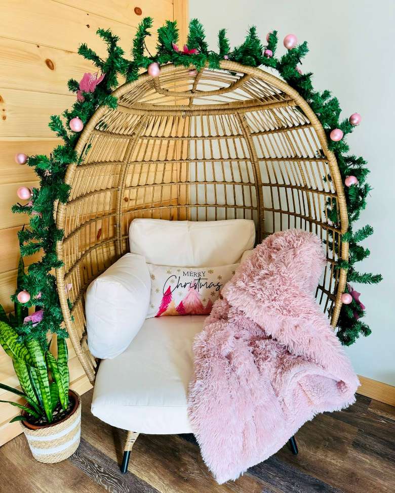 egg chair decorated for christmas