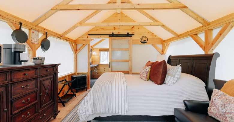inside of a tent cabin bedroom