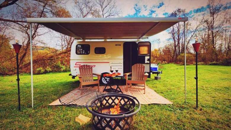 trailer with outdoor seating and firepit