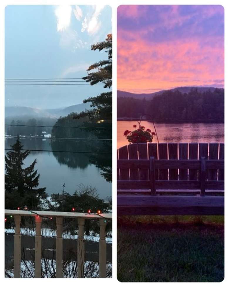 side by side of two photos of lake in different seasons