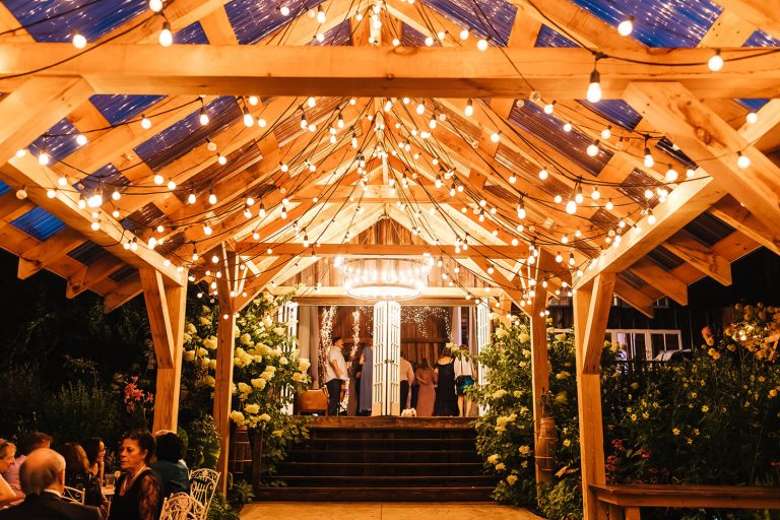 garden terrace with lights at night