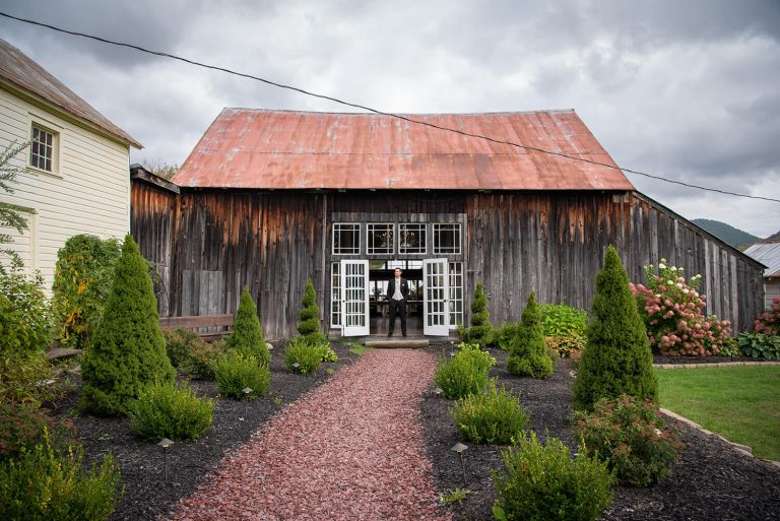 barn with gravel pathway