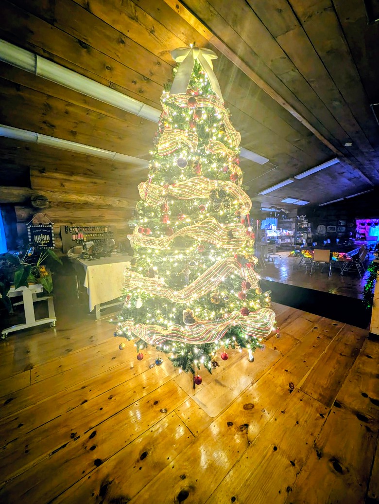 12' Christmas tree lit in log cabin