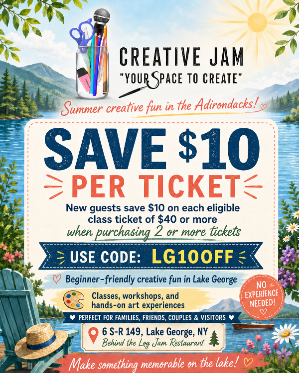 Creative Jam logo, Save $10, details and adirondack watercolor background