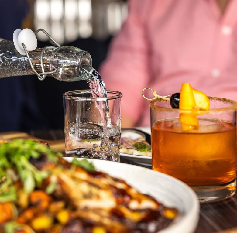 water glass, cocktail, and entree