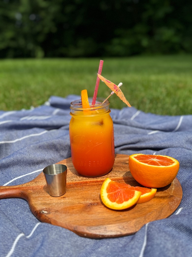 cocktail on a blanket outside