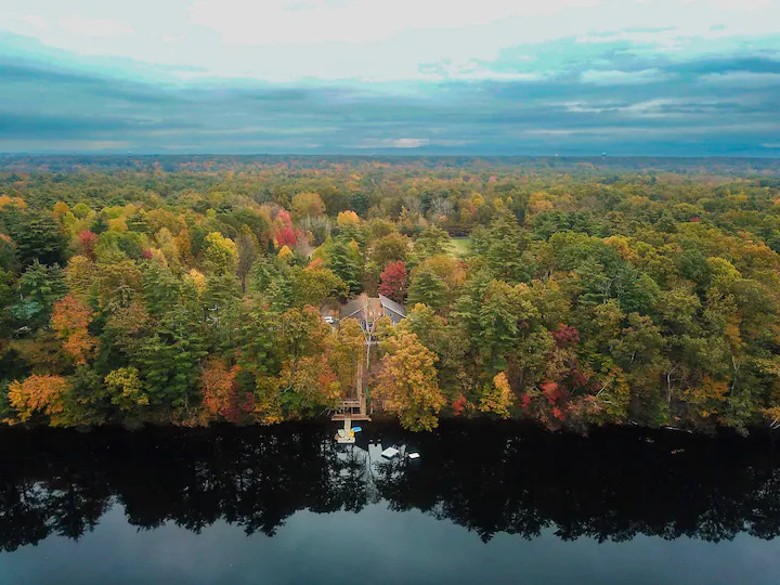 aerial view of house on the river