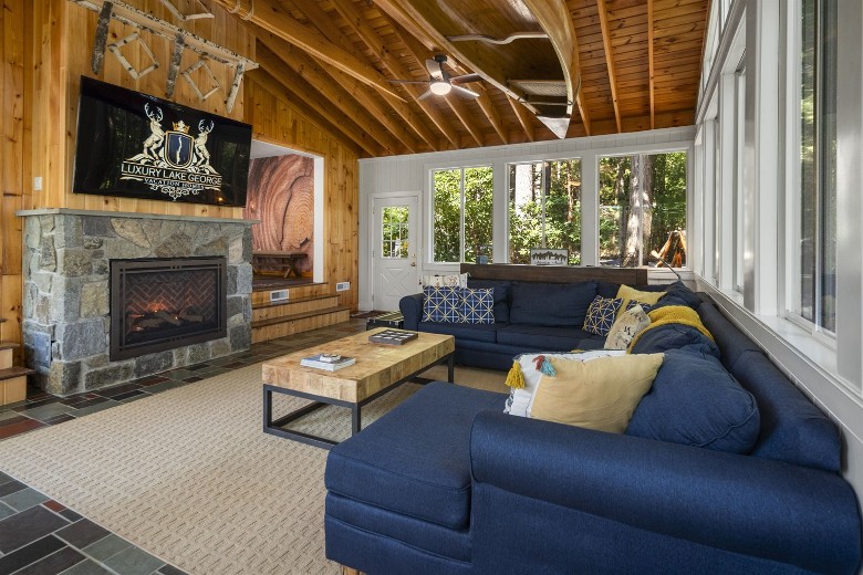 living room with blue couch