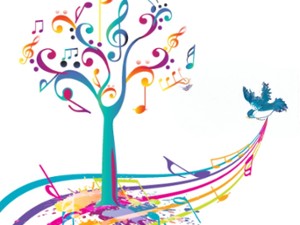 graphic of musical trees and bird