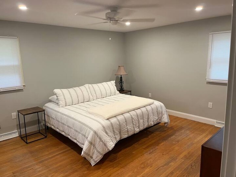 bedroom with a large bed and ceiling fan