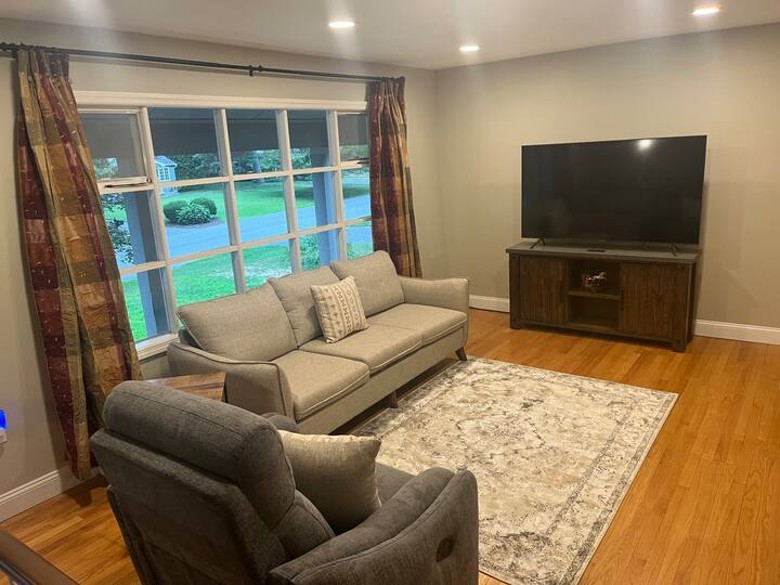 Living room with TV and couch and chair