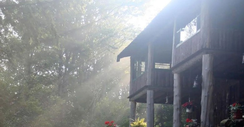 exterior look at an overhanging rustic porch