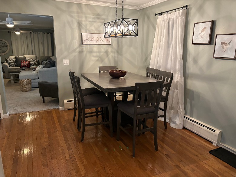 dining room with a rectangular dark brown table and chairs with a hanging lamp