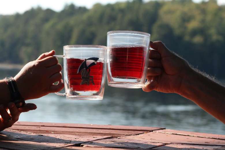 glasses cheersing by the lake