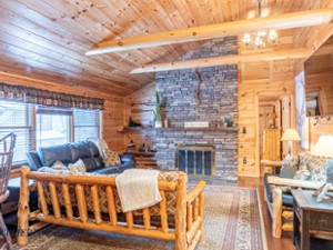 living room with stone fireplace