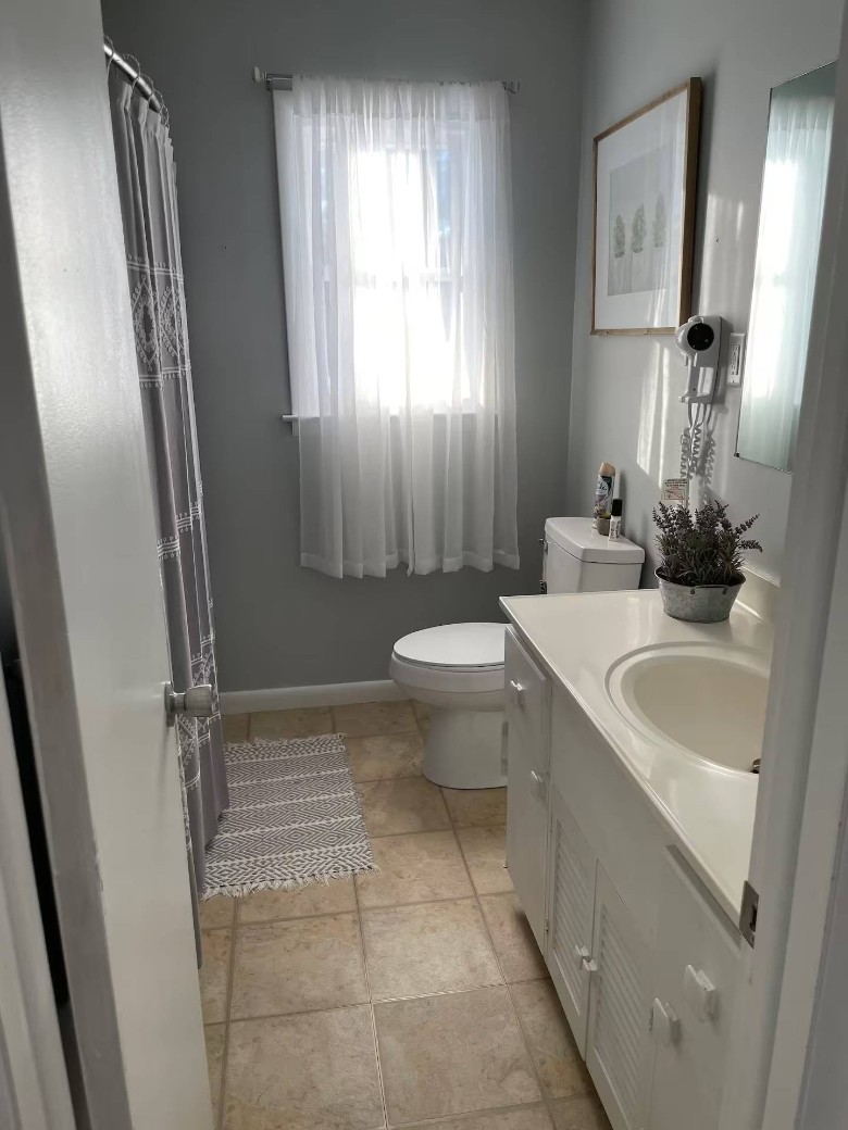 bathroom with a toilet and sink and curtain covering the window