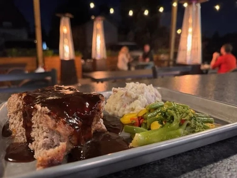 meatloaf, potatoes, and broccoli