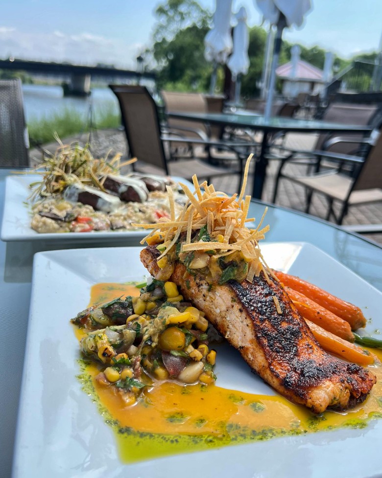 salmon dish on patio
