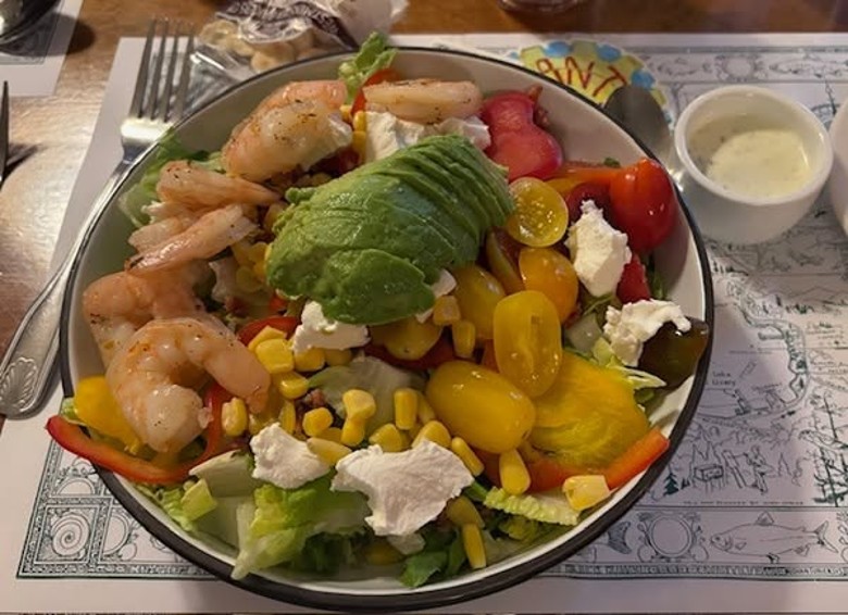 salad with shrimp, corn, tomatoes, avocado