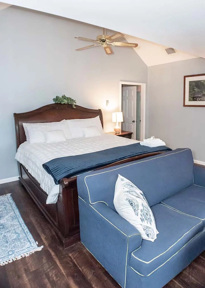front view of a bed and sofa
