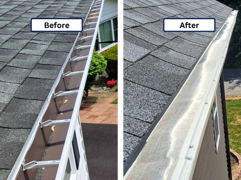 Services offered include gutter installation, repair, guards, cleaning, and replacements. before and after gutters