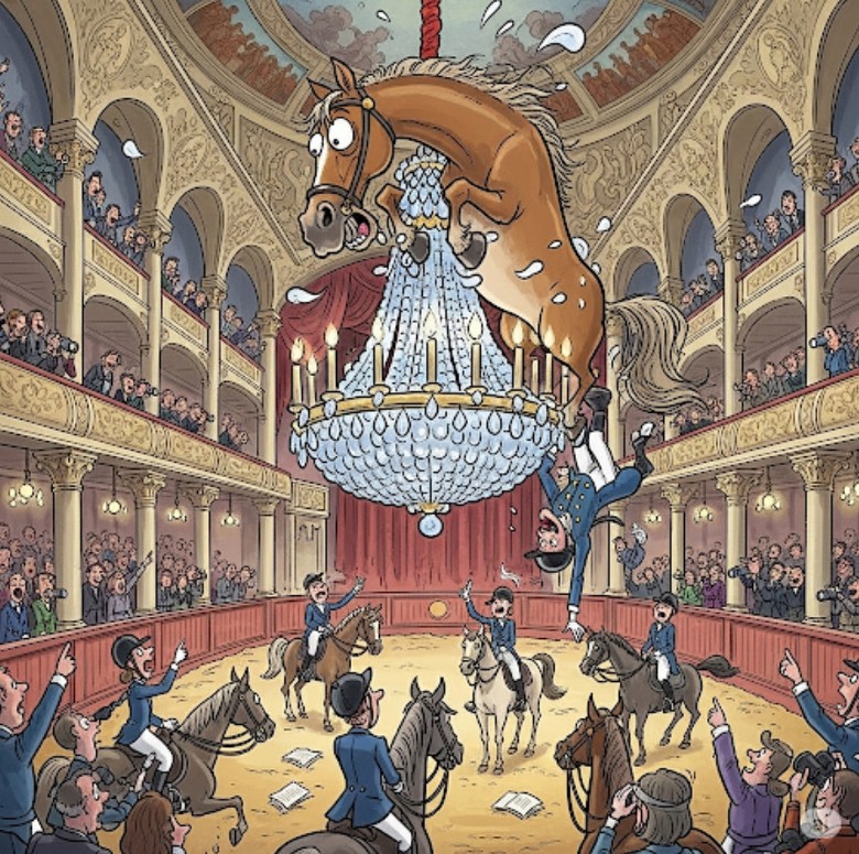 cartoon image of horse on glass chandelier
