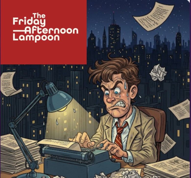 cartoon image of man at typewriter