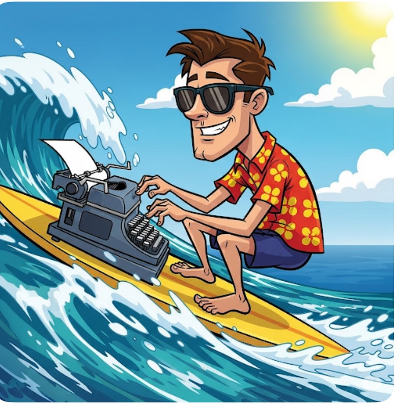 cartoon image of man surfing with typewriter