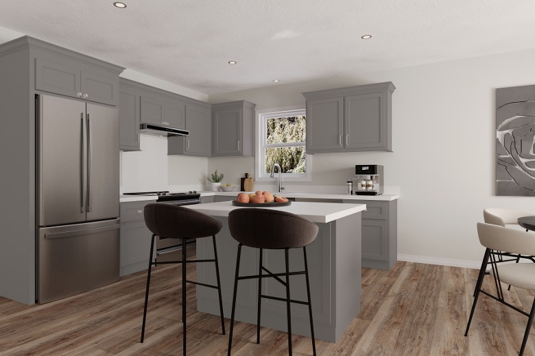 modern kitchen with gray cabinets