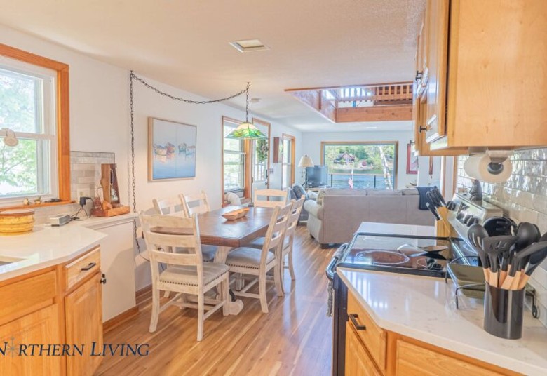 kitchen, dining, living room area