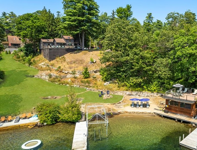 Aerial view of lakefront rental home