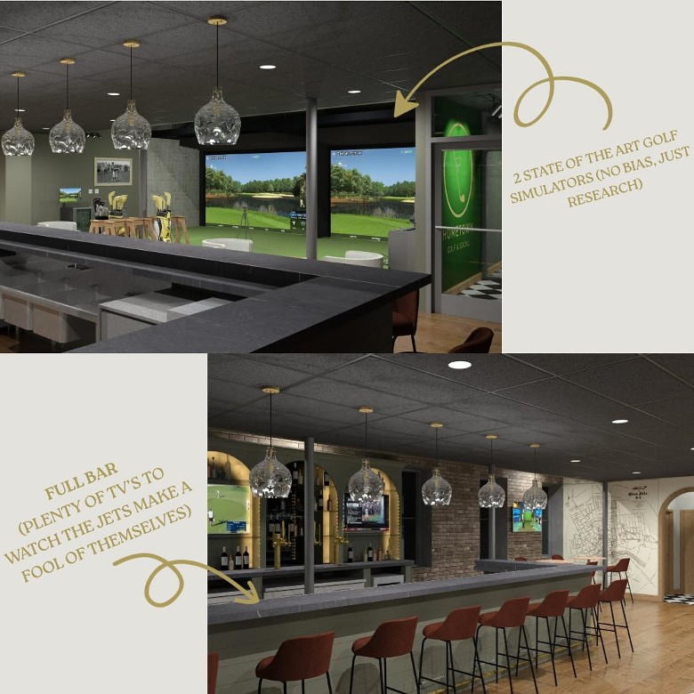 two images of a golf simulator clubhouse