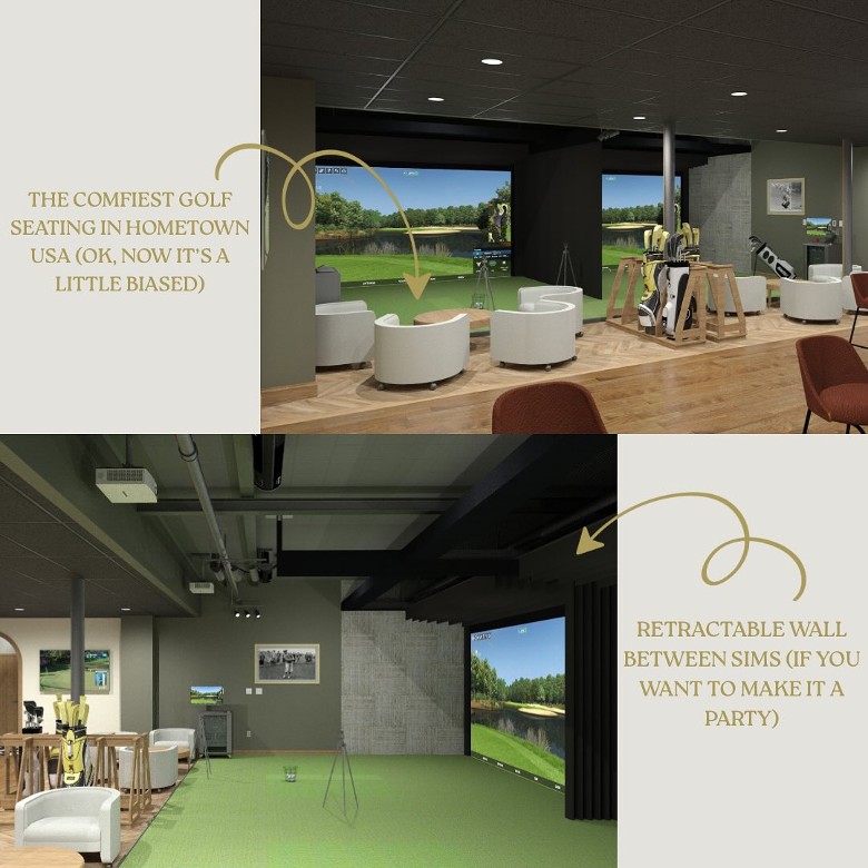 two images of a golf simulator clubhouse