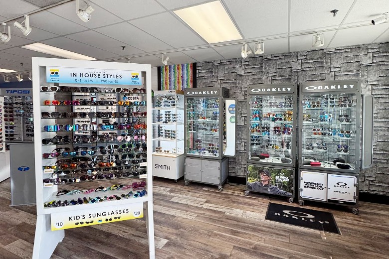display cases inside a sunglasses store