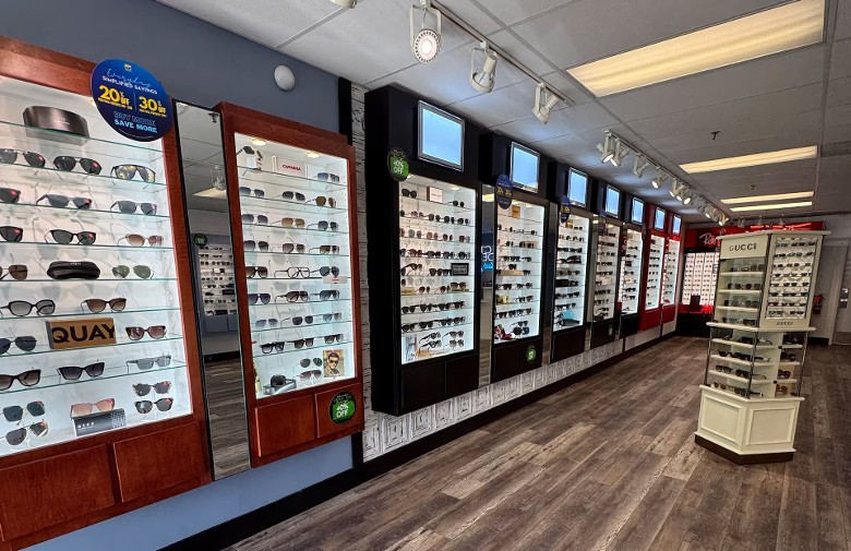 display cases inside a sunglasses store