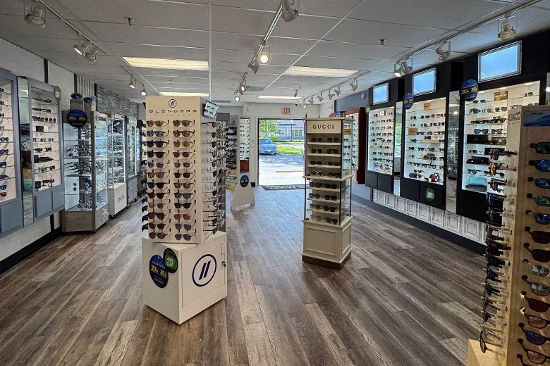 display cases inside a sunglasses store