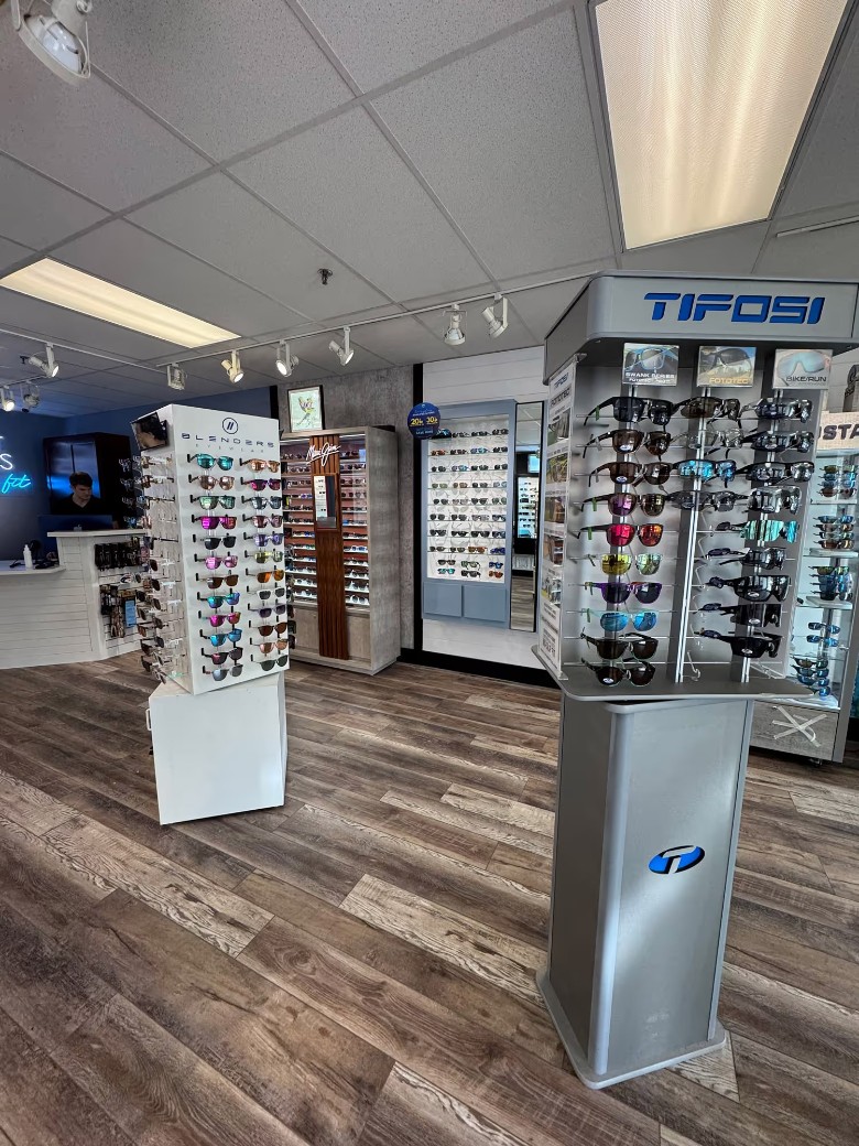 display cases inside a sunglasses store
