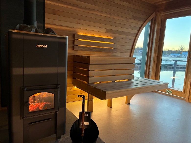 sauna seating and fireplace