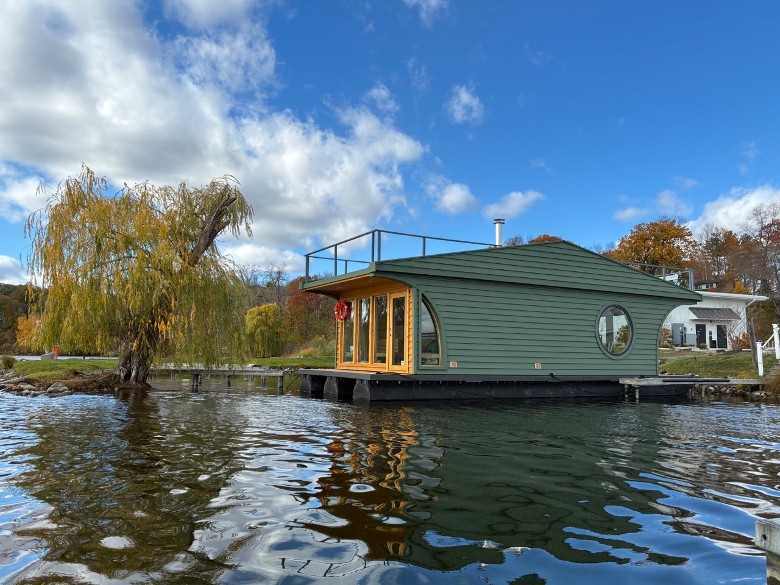 outside of a floating sauna during the day
